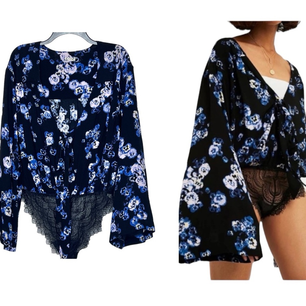 Free People Forties Feels Flowy Floral Bodysuit Top Bell Sleeves Size Small